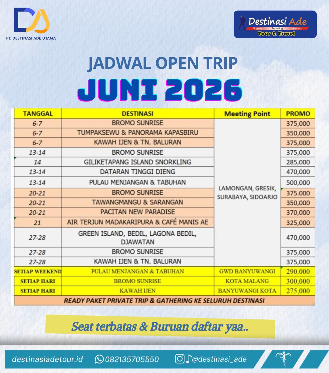 Jadwal Open Trip Indonesia - Paket Wisata Destinasi Ade Travel June 2026
